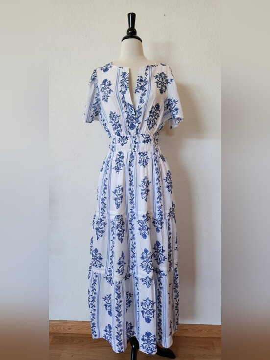 Dresses & Skirts - Blue Floral Maxi Dress - White & Blue Smocked Waist